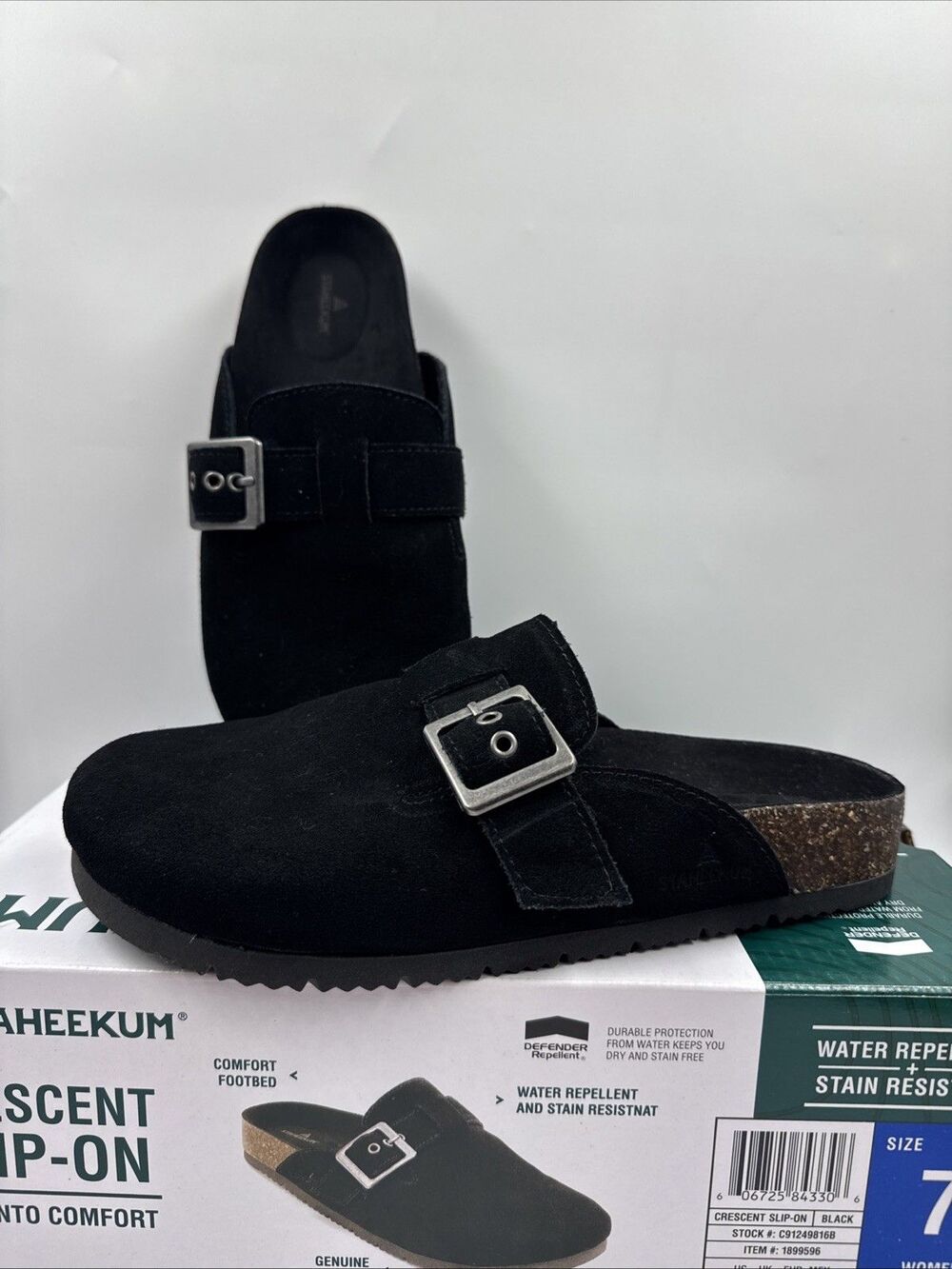Staheekum Womens Clogs Black Shoes Buckle Water Repellent Slip-On Suede Upper 7